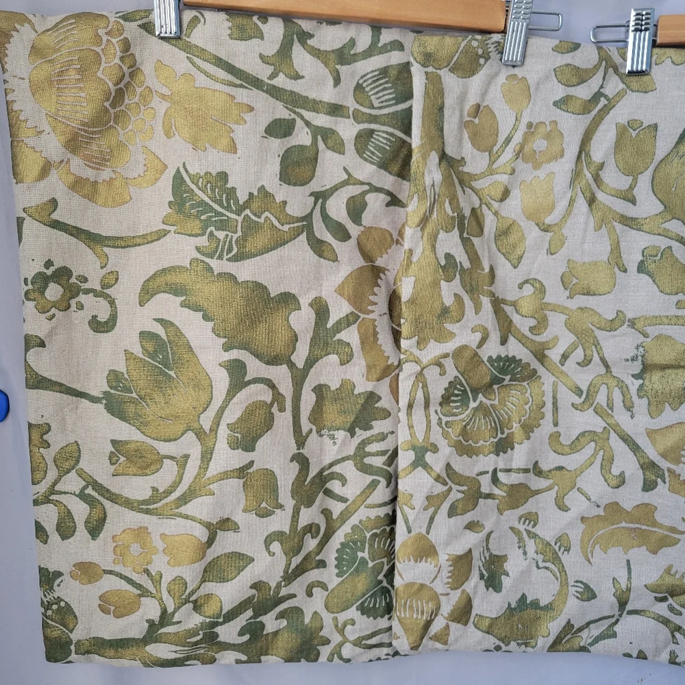 2 Pottery Barn Printed Floral Cotton Linen Pillow Cover Green Gold 20 x 20